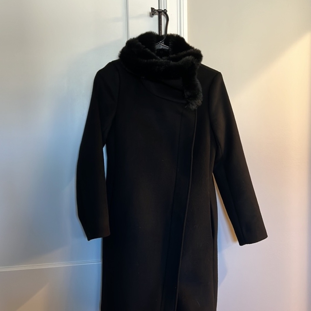 Club Monaco Black Trench Coat with Fur Collar